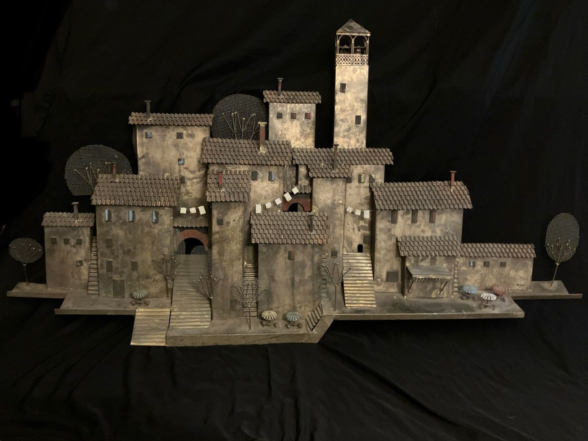 Vtg Signed Curtis Jere Wash Day in Capri Welded Metal Village 54" Wall Sculpture