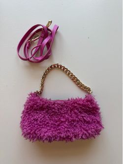 Pink Faux Fur Teddy Shoulder Bag w/ Gold Chain & Crossbody Strap Y2K Barbiecore