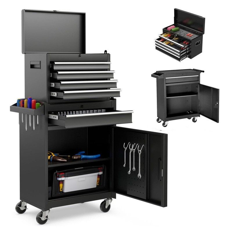 Tool Chest, 5-Drawer Rolling Tool Storage Cabinet with Detachable Top Tool Box, Liner, Universal Lockable Wheels, Adjustable Shelf, Locking Mechanism,