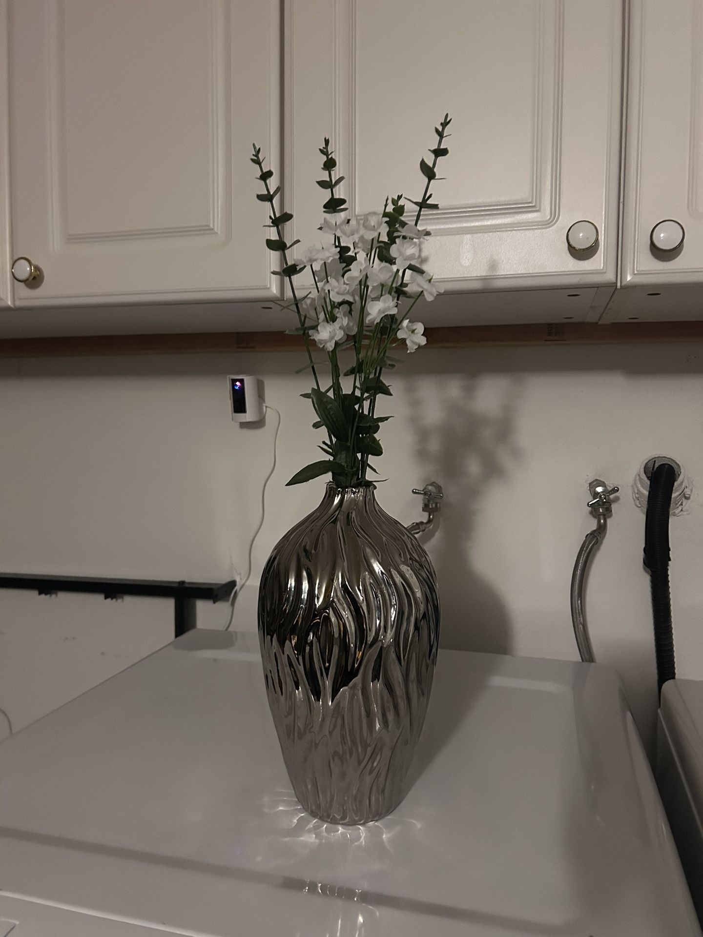 Silver Vase W Fake Plant Decor