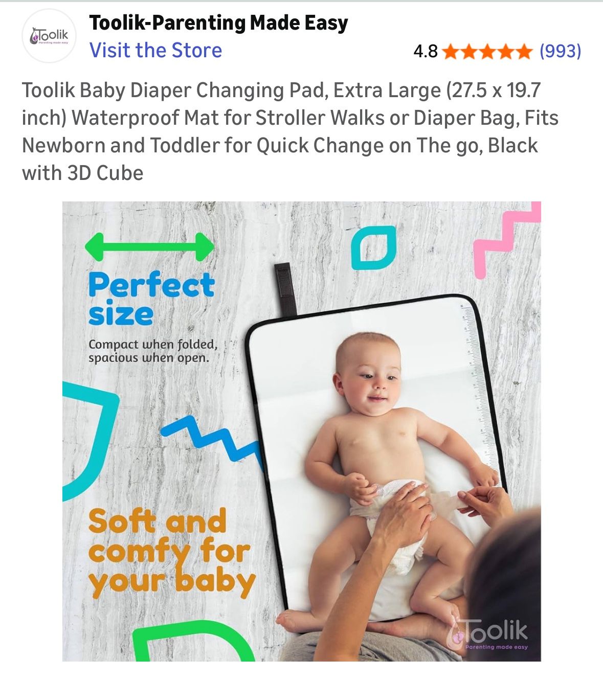 Portable Extra Large Waterproof Diaper Changing Pad (Black 3D Cube Design) Mat Fits Baby + Toddler