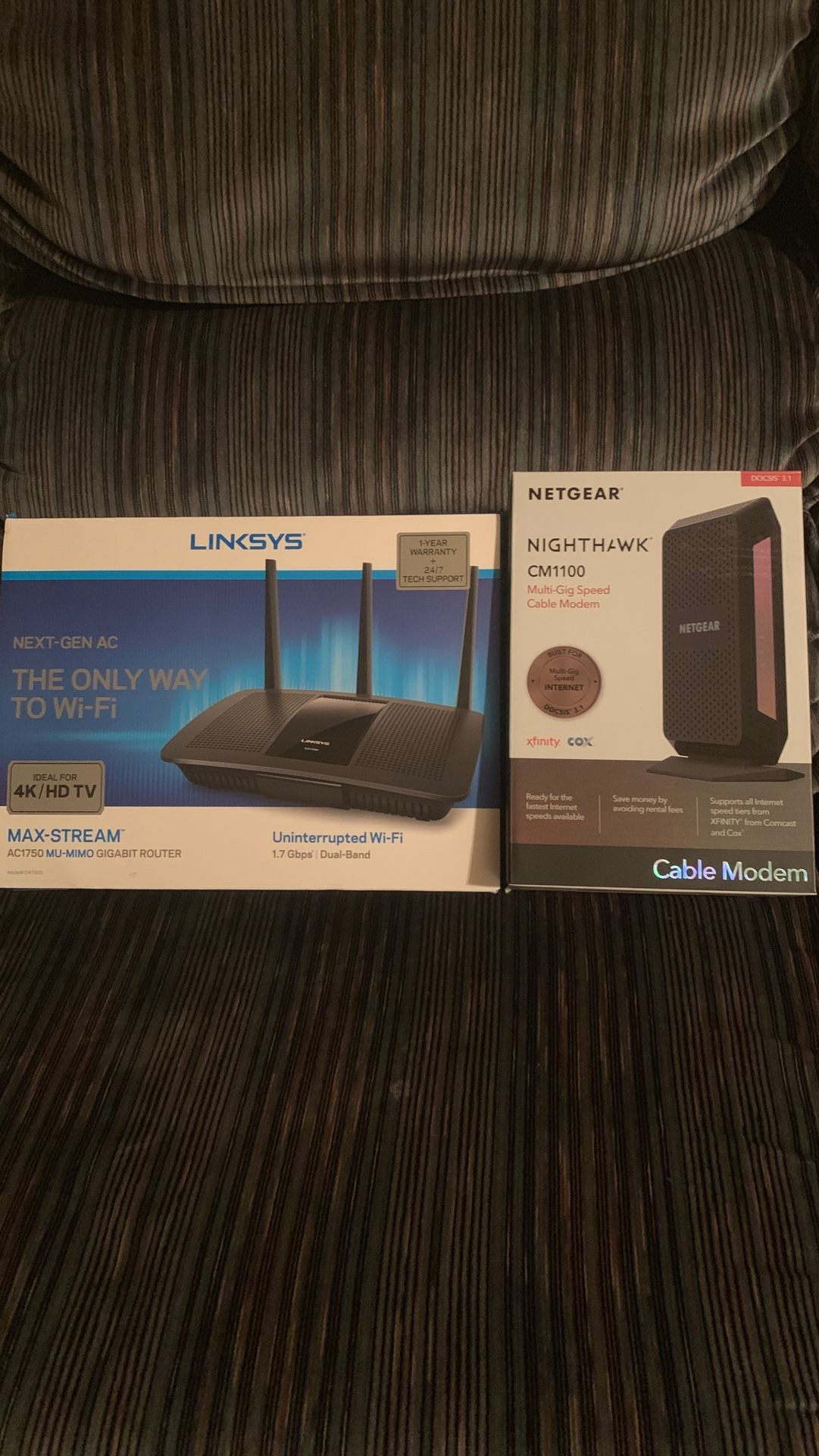 Linksys ac1750 gigabyte router and Netgear Nighthawk CM 1100 modem. for