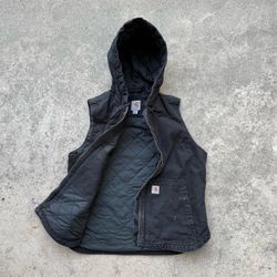 Distressed Carhartt Workwear Canvas Quilted Hooded Black Vest Jacket Size Medium