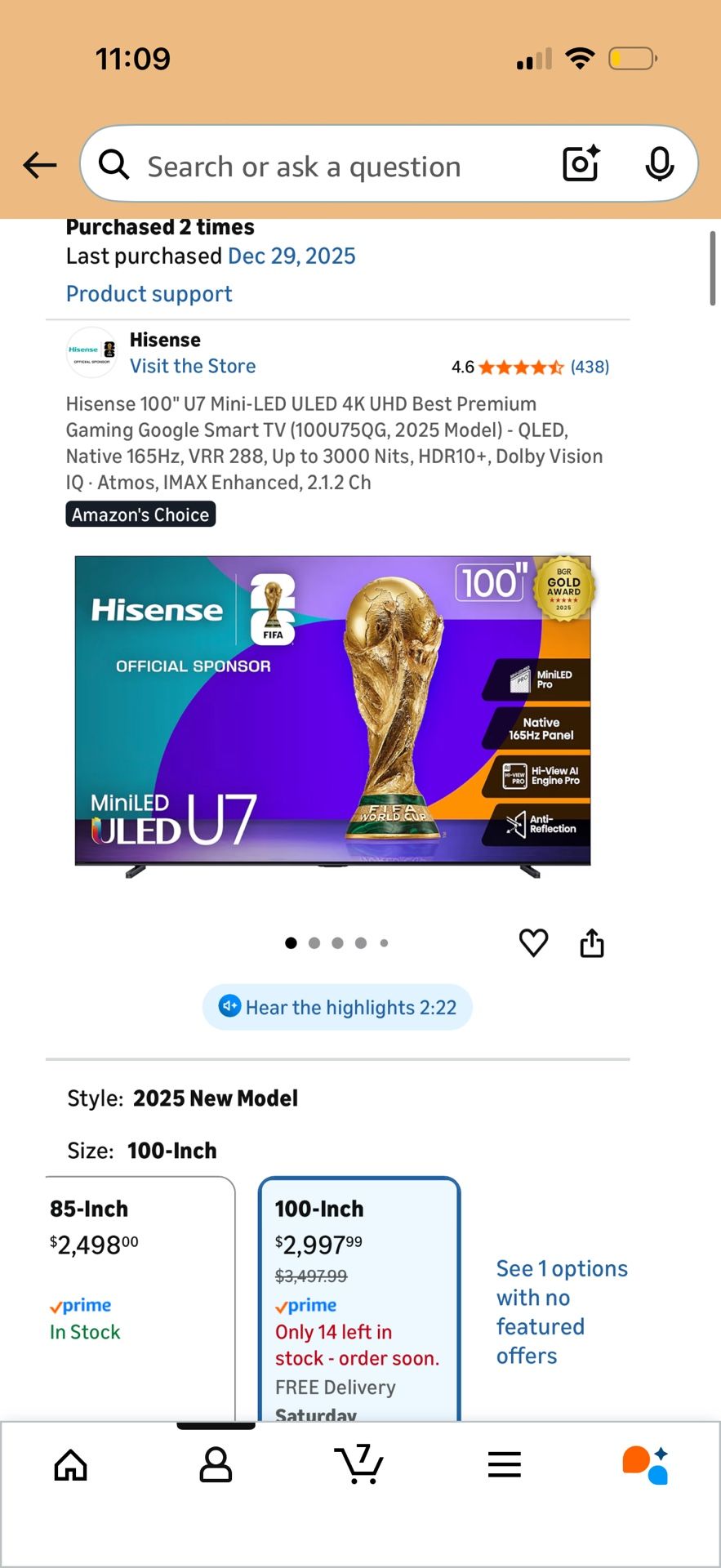 Tv Hisense U7 100”