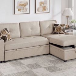 Sectional Sofa Pullout Bed With Storage Beige Fabric New In Box