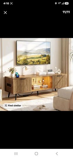 Cyclysio Fluted TV Stand - Modern Indoor Furniture Entertainment Center with Power Outlet, RGB LED Lights, Adjustable Glass Shelves for 32"-65" TVs