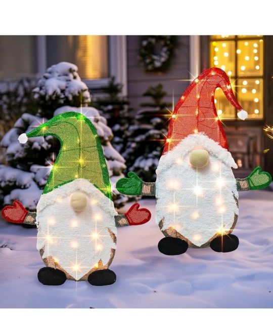 Set of 2 Lighted Christmas Gnomes Decorations, 50L 2 FT Stack-able Gnome Christmas Decor for Indoor Outdoor Festive Xmas Holiday Garden Yard Lawn
