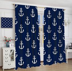 Anchor Curtains Vintage Rustic Ocean Nautical Style Navy Blue White Bedroom Living Room Bathroom Blackout Rod Pocket Decoration Window Drapes 63x72in