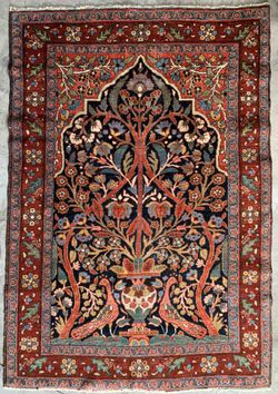 Antique Persian Tabriz Rug 4'3"x6'2" Tree of Life Peacocks Navy Blue Chestnut Beauty