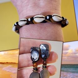 Vtg. Land & Sea Bracelet & Earrings Set - Shells & Stones - Suede Braid Tie On