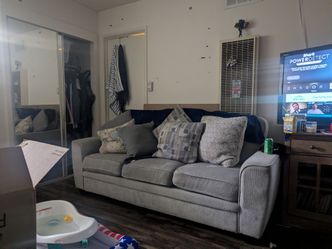 Two grey three seat couches