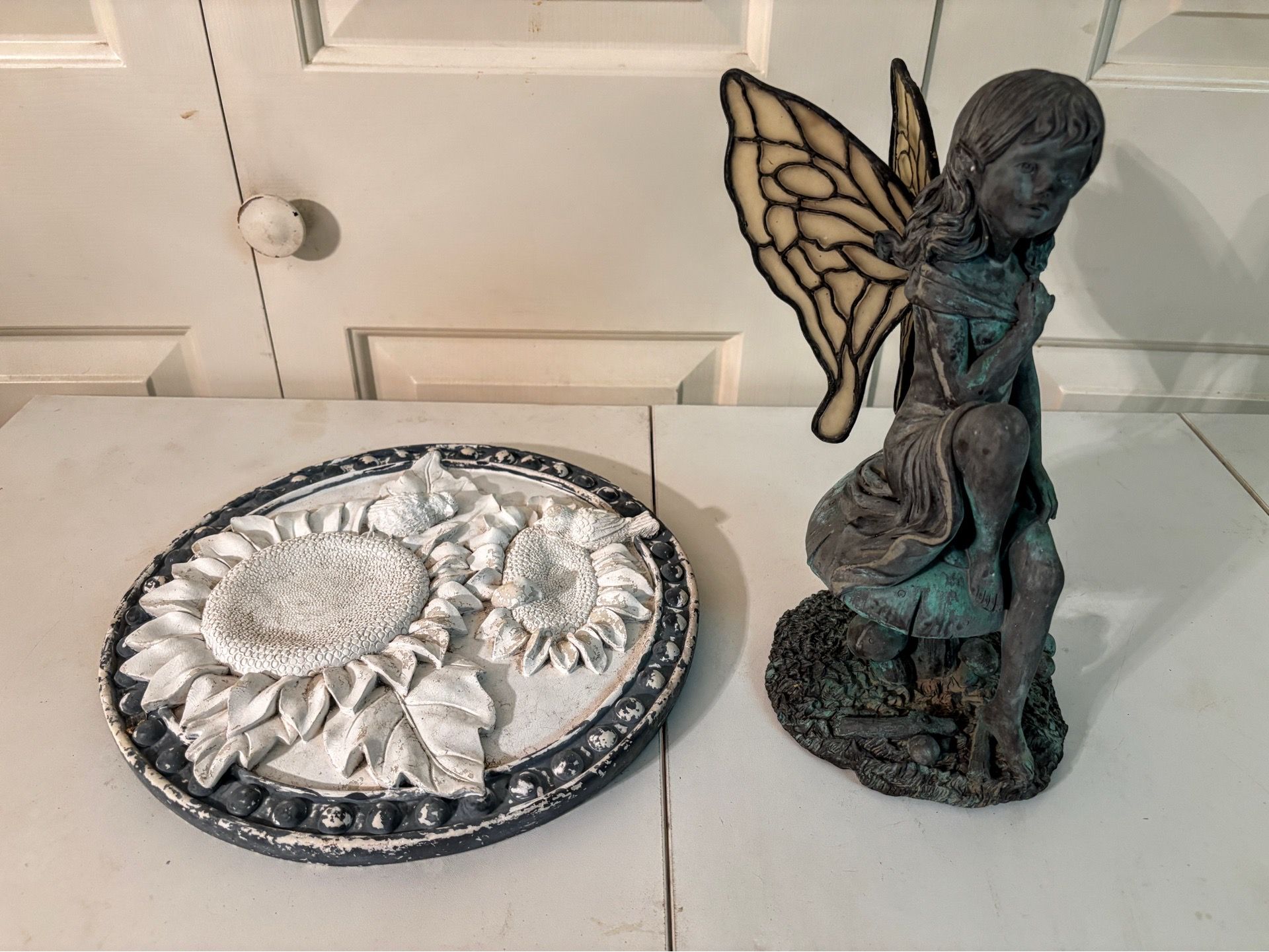 Garden fairy statue and ceramic sesame flower with birds wall plaque to paint