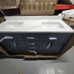 OVE Decors Bailey 60 in. Double Sink Freestanding Blue Lagoon Bathroom Vanity with White Quartz Top, Matching Backsplash and Power Bar