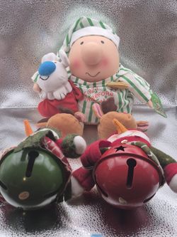 two snowmen bell ornaments red and green