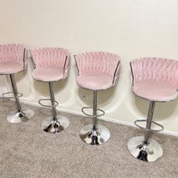 Set Of 4 Light Pink Velvet Bar Stools