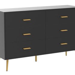 6 Drawer Dresser, Modern Wood Dresser for Bedroom with Wide Drawers and Metal Handles, Storage Chest of Drawers for Living Room Hallway Entryway black