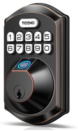 TEEHO TE002 Fingerprint Deadbolt with Keypad for Front Door, Bronze 1-Second Fingerprint Unlock, ANSI Grade 3, 20 User Codes, Auto Lock, Anti-Peep Pas