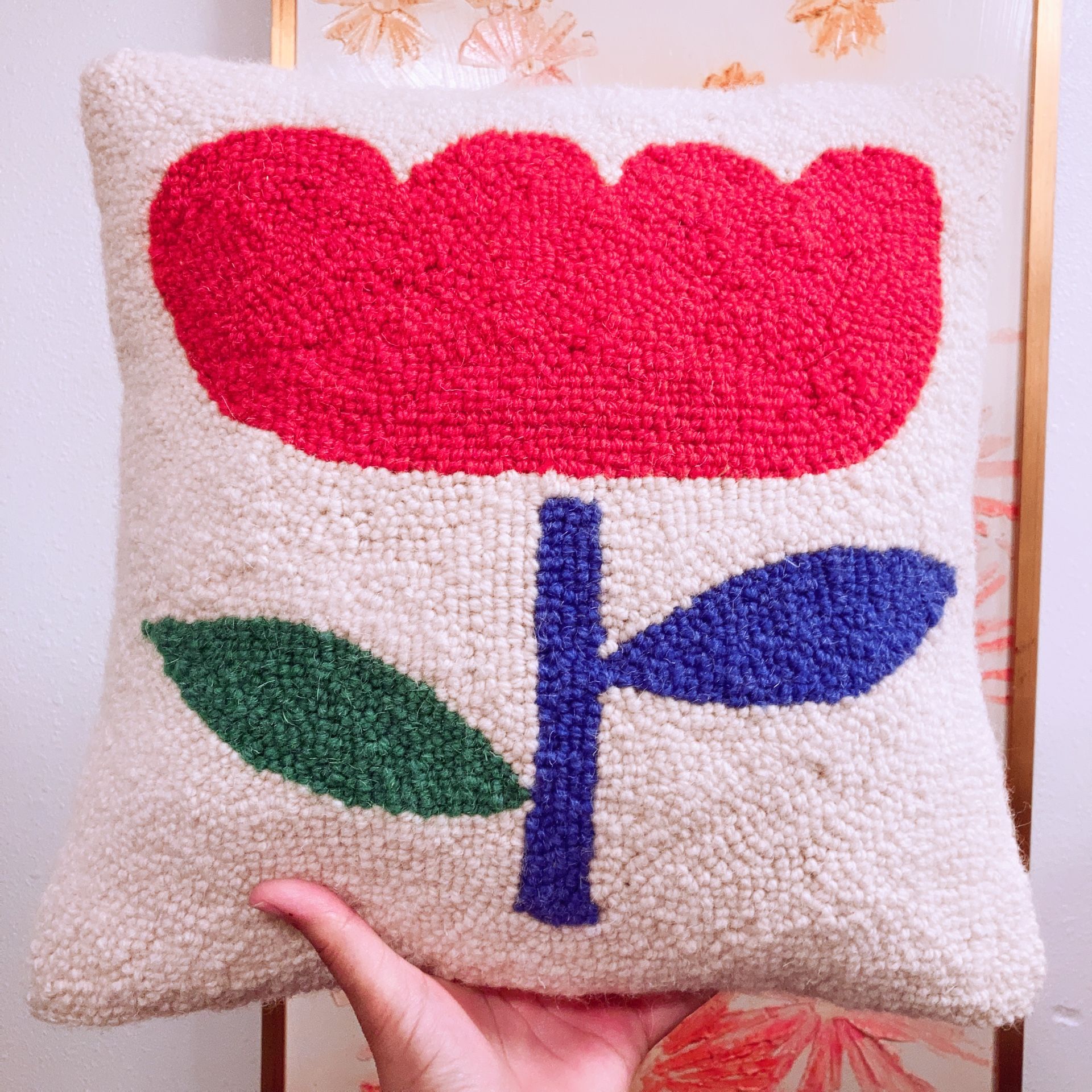 Wool Red Flower Hook Pillow 14”X14”