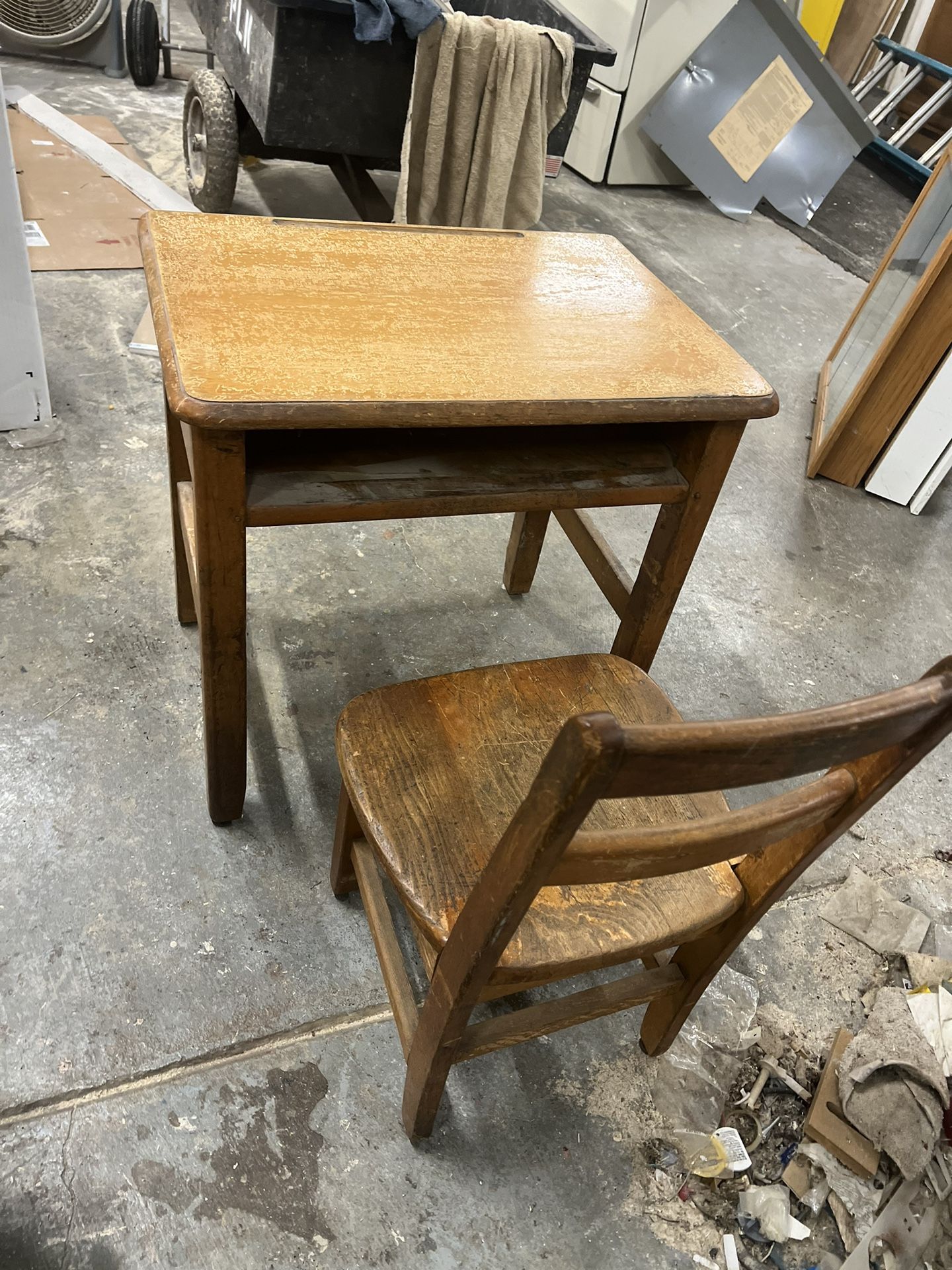 Solid Wood Antique Child’s School Desk And Chair 