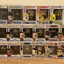 Funko Pops. with damage, from minor to banged up.   Adventure Time, Sailor Moon, Beatles, Star Trek,  Make Offers. 4/25/25