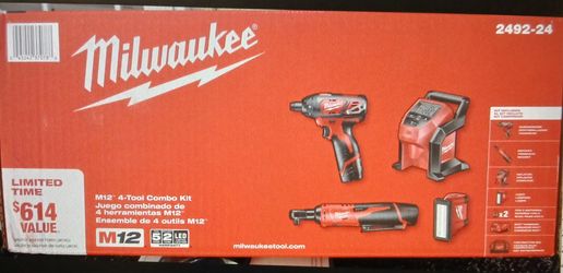 Milwaukee  M12 4-Tool Combo Kit Inflator-Ratchet-Light-Driver New