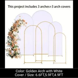 Set Of 3 Metal Arch Backdrop Stand With 3 Arch Covers For Party Decoration, Golden Wedding Arch Backdrop Stand And White Spandex Arch Backdrop Cover S
