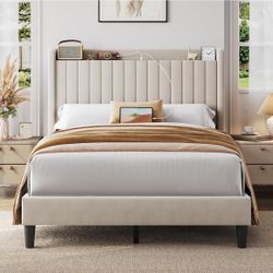 New Full Size Bed Frame with USB Charging Station and Storage Shelf/Upholstered Headboard Platform Bed