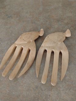 Wooden Wood Hand Carved 8" Salad 
Servers Tongs Set of 2
