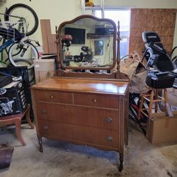 Antique Bureau With Mirror And Wooden Casters