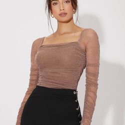 Mesh Long Sleeve Square Neck Glitter Top
