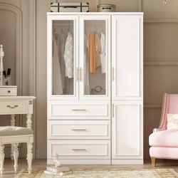 Wardrobe Armoire Closet Cabinet with Glass Doors, Hanging Rod and Drawers for Bedroom, 47.4" Wide