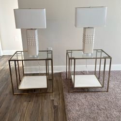 Set of end glass tables with lamps