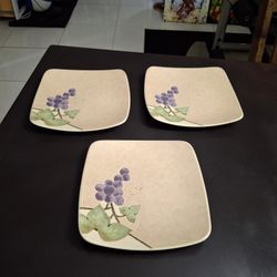Mikasa Chablis High-Fired Iron Stone 3PCS Square Salad Plates 8.5" Stone Tan W/Grapes CW409 Oven, Dishwasher And Microwave Safe 