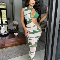 Green 3 Piece Bathing Suit Set With Mesh Dress 