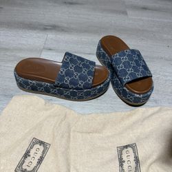 Gucci GG Brown Blue Platform Leather Slides