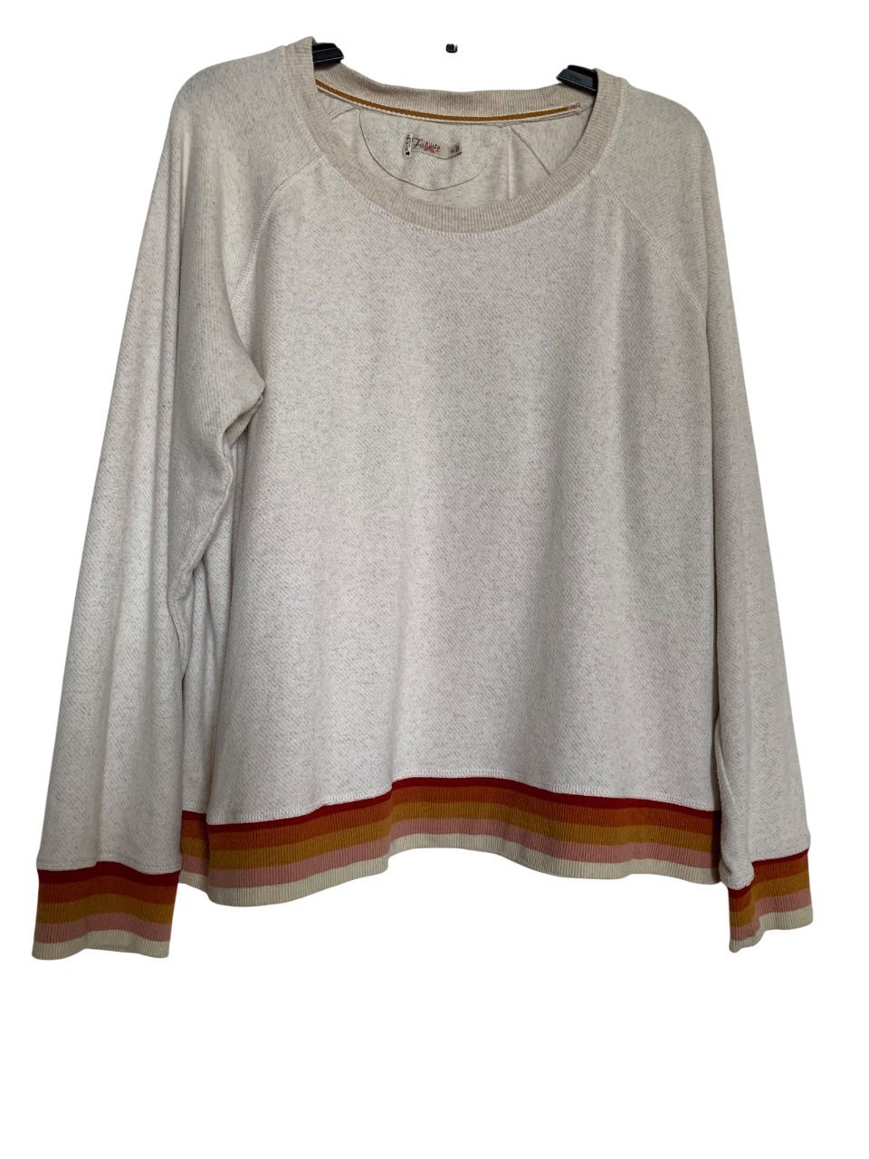 FAHERTY Sweatshirt Crewneck Cream Stripes Red Orange Gold Pink Tan at Hem & Cuff