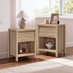 Set of 2, Farmhouse Nightstands with Drawer, Boho Bedside Table with Storage Shelf, Large End Tables Bed Side Tables for Bedroom, Light Oak