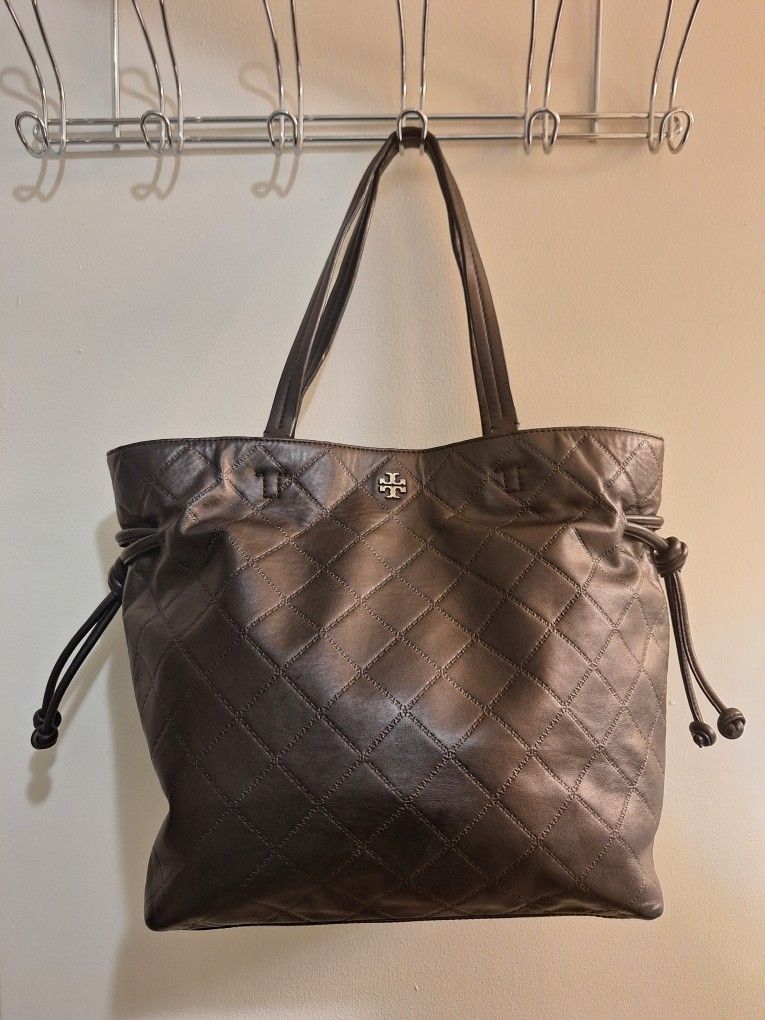 Tory Burch Black Georgia Quilted Look Slouchy Tote Bag