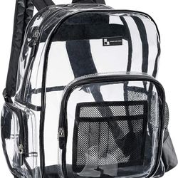 Heavy Duty Clear Backpack with Mesh Organizer, Clear Bookbag (Large, Black