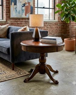 Vintage Solid Oak Pedestal Table with Drawer & Carved Claw Feet