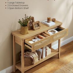 Console Table, Sofa Table, Narrow Entryway Table with 2 Drawers, Open Storage Shelf, Rounded Corners, for Living Room, Boho Style, Oatmeal Beige ULNT0