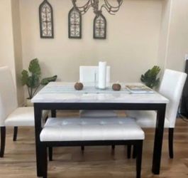 ✅️✅️ 5 pc dark finish wood faux marble top  rectangular dining table set with bench ✅️✅️