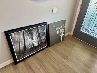 Framed Forest Print and Wooden Sign Wall Decor Set