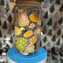 Fall Themed Glass Cup With Straw