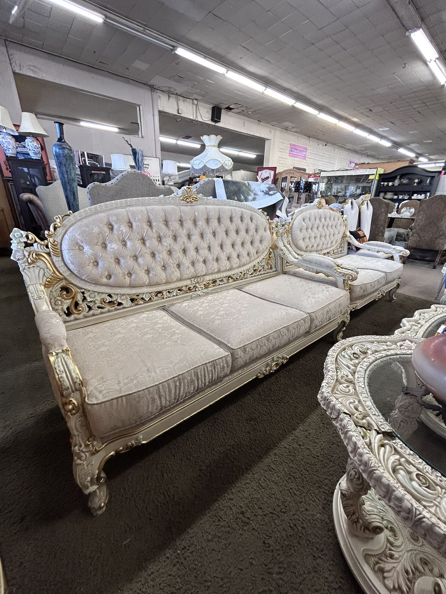 3-Piece French Provincial Sofa Set | Carved Wood & Gold Trim | Victorian / Baroque Style