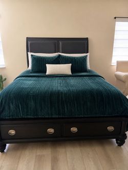 Queen Dark Wood Bed Frame with Storage Drawers
