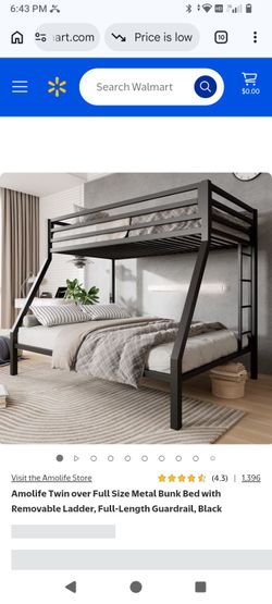 Amolife Twin over full size Metal Bunk with removable ladder, full length Guardrail, Black