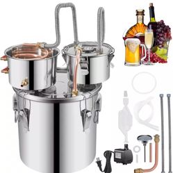 5 gal. Stainless Steel Alcohol Still with Copper Tube Built-in Thermometer and Water Pump Double Thumper Keg Brewing Kit