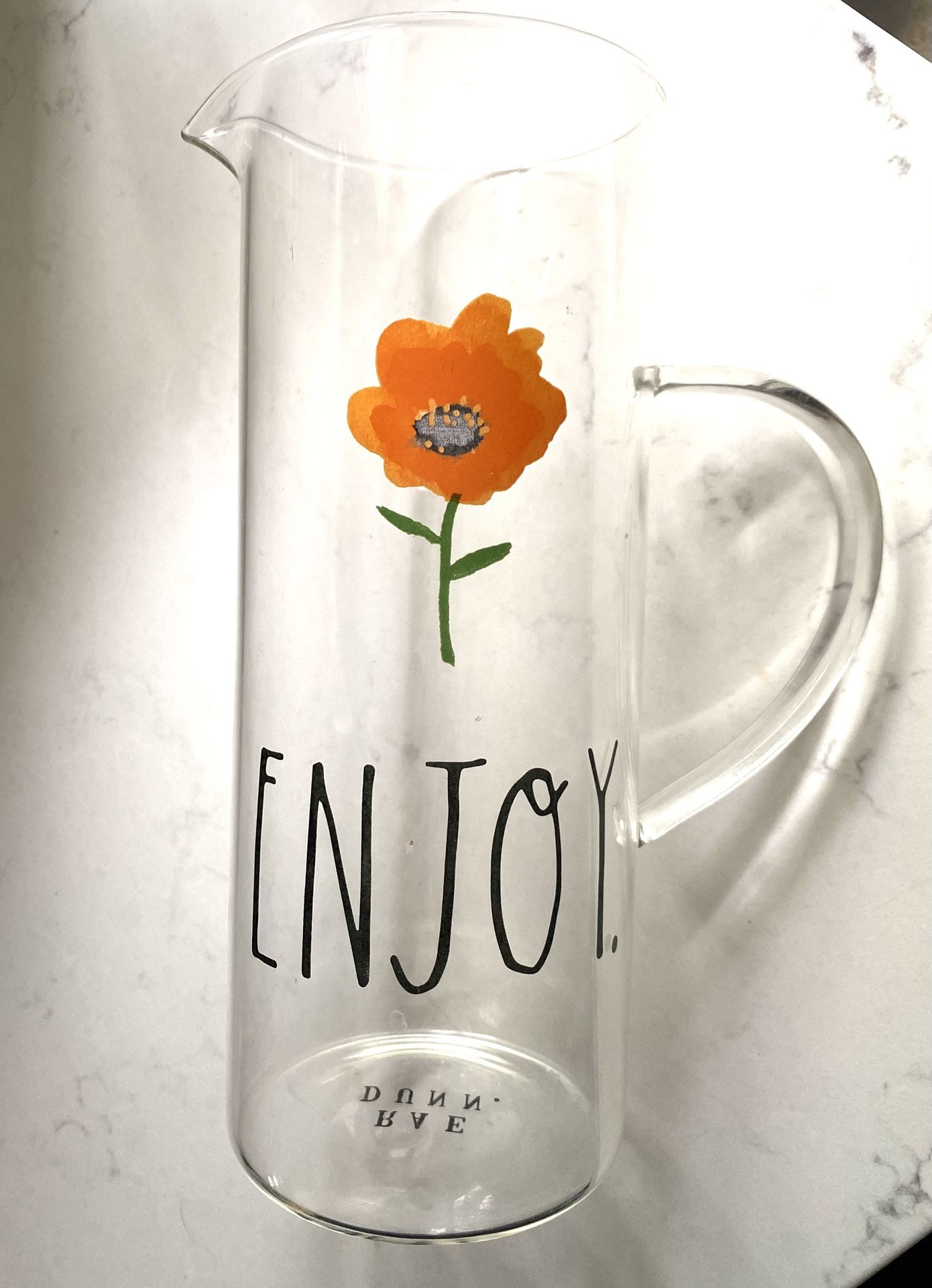 Rae Dunn Pitcher Glass Painted Orange Flower ENJOY Pitcher or Vase approx 9.75” tall