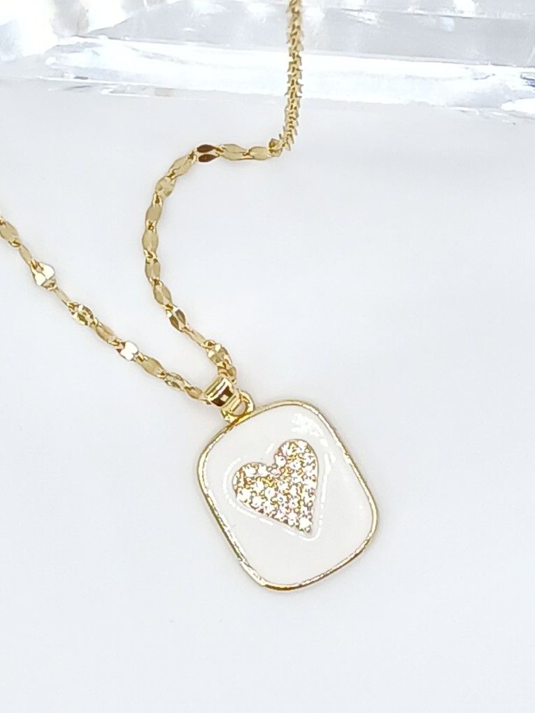 18k Gold Plated Heart Necklace Tag Bling Chain